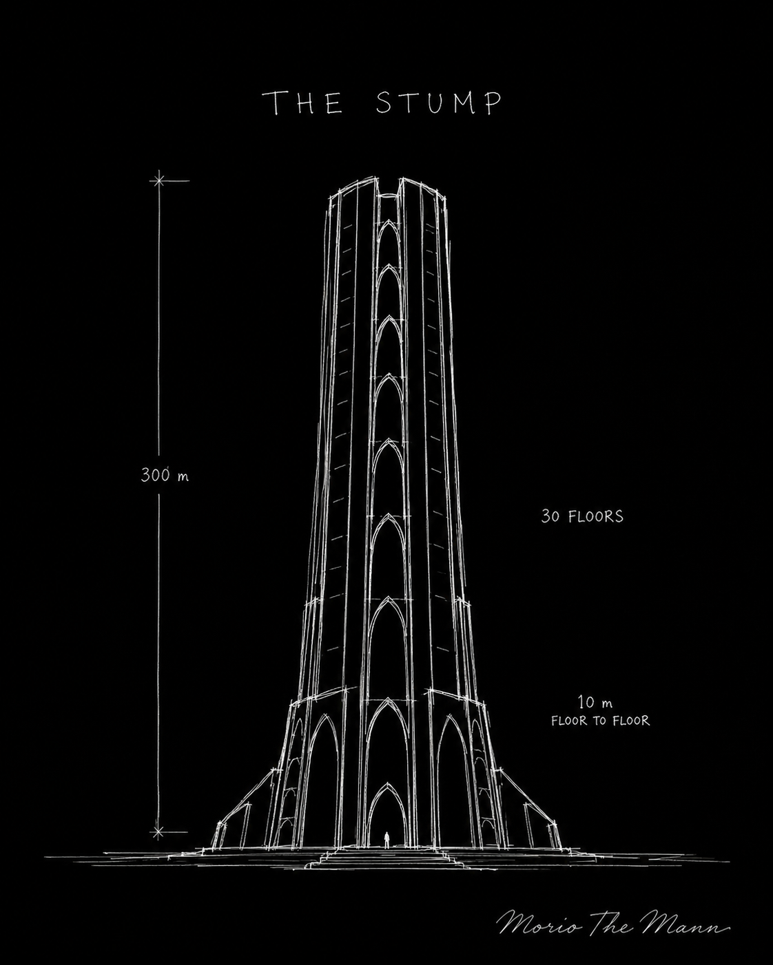 THE STUMP — elevation drawing. 300m tall, 30 floors. A study by Morio the Mann.